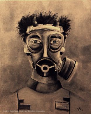"Hombre con máscara antigás", 41x33, óleo sobre lienzo, 2012