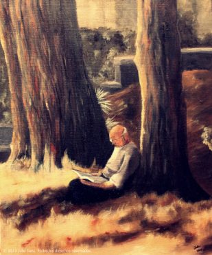 "Leyendo bajo los árboles", 38x46, óleo sobre lienzo,2013