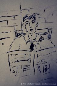 "Leyendo las noticias", tinta china sobre papel, 2011