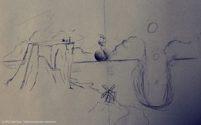 Boceto para el cuadro "Océano de manzanas, setas y barcos"
