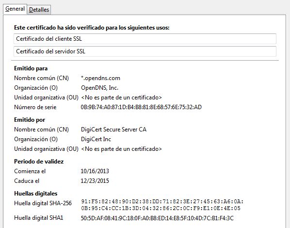 Certificado SSL ofrecido para la conexión HTTPS